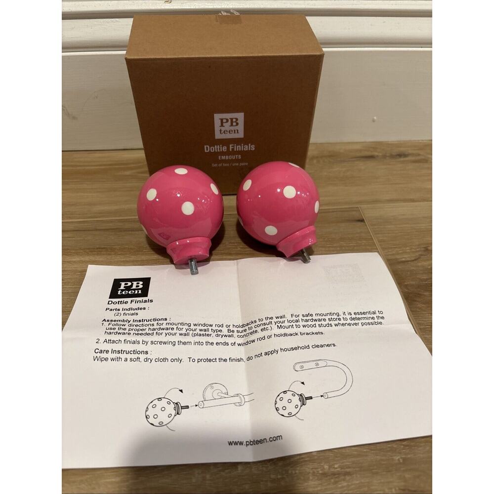 Pottery Barn Teen Dottie Finials Pink White Polka Dot Set Of 2 New In Open Box